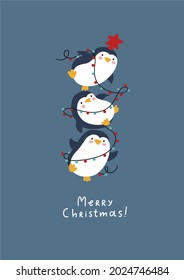 Merry Christmas and Happy New Year vector print with cute cartoon penguin and christmas garland.