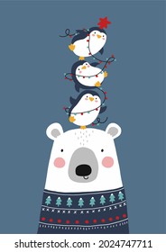 Merry Christmas and Happy New Year vector print with cute cartoon penguin, christmas garland and bear in christmas sweater