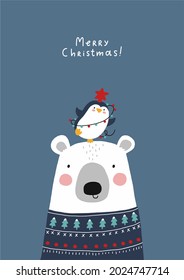 Merry Christmas and Happy New Year vector print with cute cartoon penguin, christmas garland and bear in christmas sweater