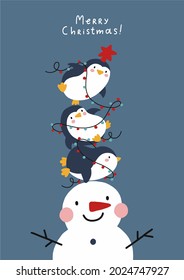 Merry Christmas And Happy New Year Vector Print With Cute Cartoon Penguin, Christmas Garland And Snowman