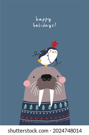 Merry Christmas And Happy New Year Vector Print With Cute Cartoon Penguin, Christmas Garland And Walrus In Christmas Sweater