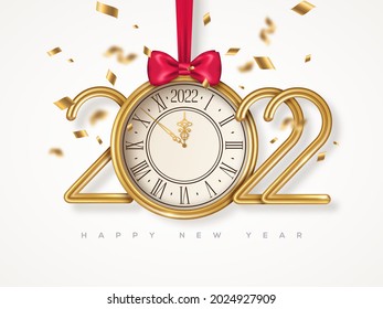 Merry Christmas and Happy New Year poster with gold clock face, confetti and 2022 numbers. Vector illustration. Holiday invitation template, flyer, brochure or voucher. Party countdown old watch.