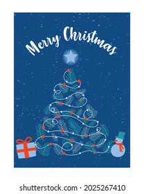 Merry Christmas and Happy New Year. Christmas tree silhouette with snowflakes, snowman, gift boxes and glowing garland. New Year holidays vector illustration design.