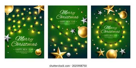 Merry christmas and happy new year poster set. Realistic christmas tree toy balls, stars and glowing garland for winter invitation, present cards vector design. Xmas vertical green banners set.