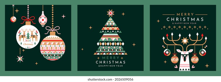 Merry Christmas and Happy New Year Set of greeting cards. Collection of green posters with deer, toys and Christmas tree. Colorful design elements for printing on paper. Cartoon flat vector collage