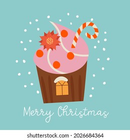 Merry Christmas and Happy New Year. Vector illustration with cute sweets. A template for a greeting card, a Christmas poster.