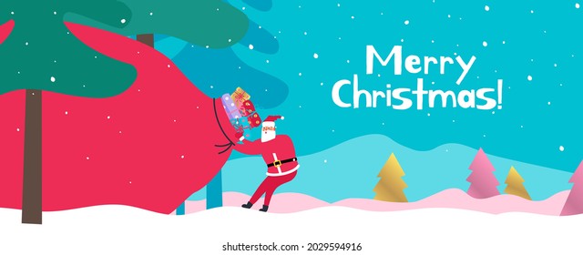 merry christmas and happy new year . santa claus pulling  huge gift bag from winter forest .  vector illustration