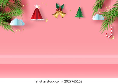 Merry Christmas and Happy new year on pink pastel background. Xmas text design paper art and craft style. Minimal Scene place for your text.Winter holiday season. Xmas of Stage wall shelf mock up