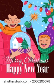 Merry Christmas and Happy New Year poster. Cheerful mom and daughter or son hold snow globe with house and spruce. Laughing child and parent. Family celebration eve drawing greeting card. Vector eps