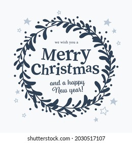 Merry Christmas and Happy New year congratulation text and mistletoe wreath isolated. Vector flat illustration. For cards, banners, prints, packaging, invitations.