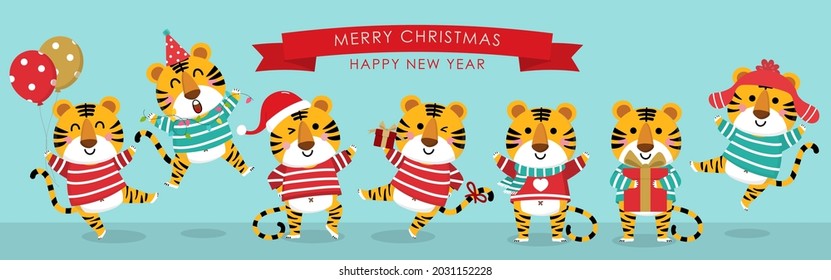 Merry Christmas and happy new year 2022. The year of tiger. Cute animal wear red and green winter costume. Holidays cartoon character. -Vector