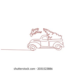 Merry Christmas And Happy New Year . Red Truck Car With Christmas Tree. Line Art, Modern Poster, Holiday Flyer, Brochure. Winter Vector Illustration