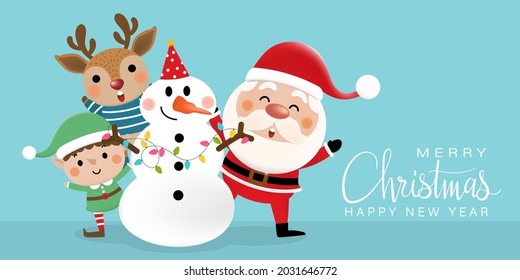 Feliz Navidad y feliz tarjeta de saludo de año nuevo con el lindo Santa Claus, pequeño elfo, hombre de nieve y ciervo. Caricatura de vacaciones en invierno. -Vector