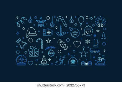 Merry Christmas and Happy New Year Greeting Card with blue outline horizontal design - Xmas concept vector creative illustration on white background