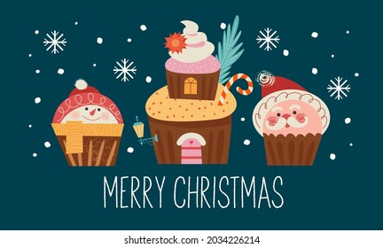 Merry Christmas and Happy New Year. Vector illustration with cute sweets. A template for a greeting card, a Christmas poster.