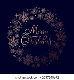 Merry Christmas and Happy New year elegant greeting card with rose gold snowflakes. Luxury holiday design template for banner, invitation, wallpaper, background, greeting card etc. Vector illustration