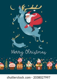 Merry Christmas and Happy New Year. Vector illustration with cute sweets. A template for a greeting card, a Christmas poster.