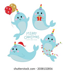Merry Christmas and happy new year with cute narwhale. Animal in holidays cartoon character. -Vector