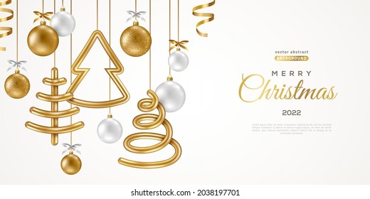 Merry Christmas and Happy New Year 2022 poster with hanging gold 3d baubles. Vector illustration. Winter holiday invitation with geometric decoration. Golden and white balls, spiral cone tree