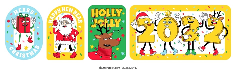 Merry Christmas and Happy New year funny cartoon characters. Sticker pack, posters, prints. Set of vector comic illustrations with reindeer, Santa Claus, gift in trendy weird retro cartoon style.