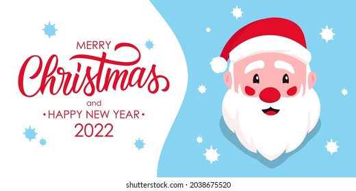 Merry Christmas and Happy New Year 2022 holiday banner with Santa Claus and hand drawn lettering. Perfect for Christmas holiday greetings and invitations. Vector illustration.