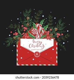 Merry Christmas and a happy new year. Card with with envelope, traditional candies  and decorations. Winter holidays design elements for background, banners or posters. Vector illustration