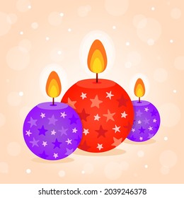 Merry Christmas and Happy New Year. Postcard for congratulations. EPS 10. Red, purple candle, fire, bokeh background. Design of invitations, cards, banners. For printing on paper.