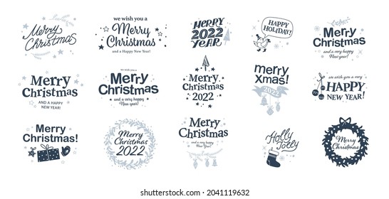 Merry Christmas and Happy New year congratulations designs with hand writing and holiday icons isolated. Vector flat illustration. For cards, banners, prints, packaging, invitations, tags.