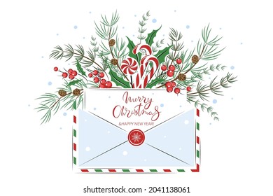 Merry Christmas and a happy new year. Card with with envelope, traditional candies  and decorations. Winter holidays design elements for background, banners or posters. Vector illustration