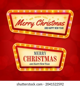 Merry Christmas and Happy New Year. Vintage marquee sign with illuminated frame. Design element for holiday banner, poster or greeting card. 