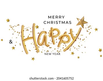 Merry Christmas and Happy New Year lettering with gold letters