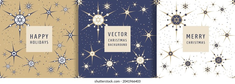 Merry Christmas and Happy New Year! Set of seamless backgrounds with abstract, stylish snowflakes, stars and glitter. Vector winter collection for packaging, fabric, textiles, covers, banners 