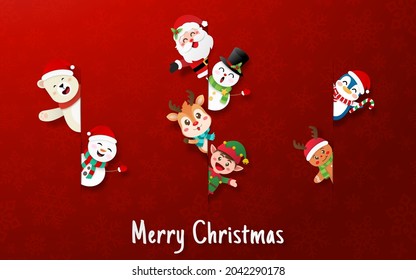 Merry Christmas and Happy New Year, Cute Christmas character in paper cut style
