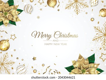 Merry Christmas and Happy New Year. Xmas background with Snowflakes and balls design.