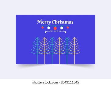 Merry Christmas and Happy New year Greeting card template. Digital Holiday greeting card with Christmas tree, decorations, light, angels. Colorful Xmas cards with blue background, Vector Illustration.