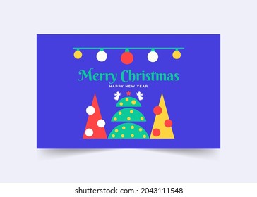 Merry Christmas and Happy New year Greeting card template. Digital Holiday greeting card with Christmas tree, decorations, light, angels. Colorful Xmas cards with blue background, Vector Illustration.