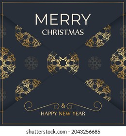 Merry Christmas and Happy New Year flyer template in dark blue color with vintage blue pattern