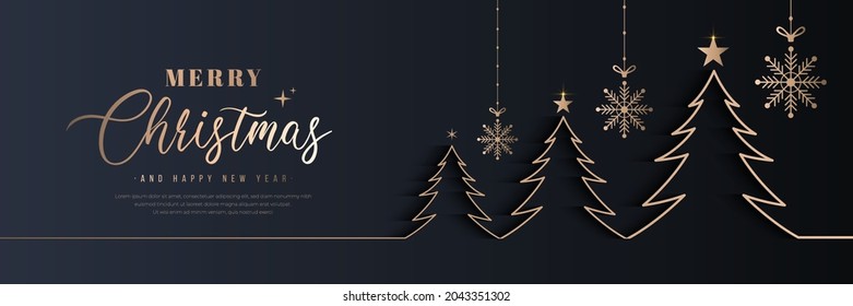 Merry christmas   happy new year banner  Dark horizontal template creative design and luxury golden line christmas tree  snowflake decoration  stars  Suit for poster  flyer  cover  banner  brochure