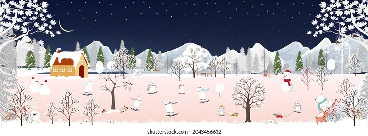 Merry Christmas or Happy New year 2022 greeting card with Winter dark night wonderland landscape background with polar bear having fun in the city park on new year.Cute Vector banner for kids