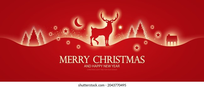 Merry Christmas and Happy New Year shining silhouettes design template with fir trees, deer, gifts and snow. Soft light effect.