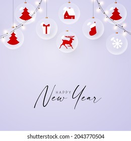 Merry Christmas and Happy New Year design template with glossy balls, light garland, snowflakes and nordic toys.