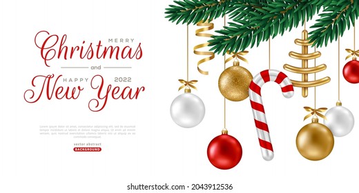 Merry Christmas and Happy New Year poster with spruce tree branch and hanging golden red balls and candy cane on white background. Vector illustration. Brochure voucher cover and Invitation Template.