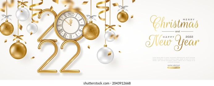 Merry Christmas and Happy New Year banner with hanging gold and white 3d baubles, confetti and 2022 numbers. Vector illustration. Winter holiday decorations, golden vintage clock. Place for text