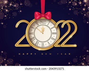 Merry Christmas and Happy New Year poster with gold clock face, confetti and 2022 numbers. Vector illustration. Holiday invitation template, flyer, brochure or voucher. Party countdown old watch.