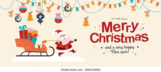 Merry Christmas and Happy New year congratulation card with funny Santa Claus character drag sleigh full of gifts, fir tree toys and garlands hang. Vector flat illustration for banner, invitation.