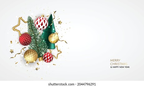 Merry Christmas and Happy New Year. Xmas Festive background with realistic 3d objects, blue and gold balls, conical christmas tree. Levitation falling design composition.