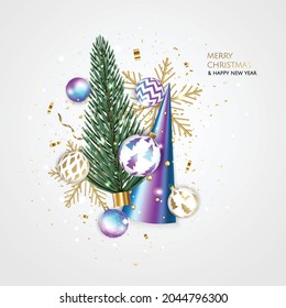 Merry Christmas and Happy New Year. Xmas Festive background with realistic 3d objects, blue and gold balls, conical christmas tree. Levitation falling design composition.