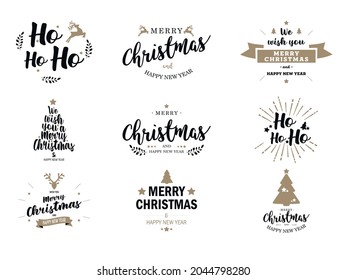 Merry Christmas and Happy New Year Typography set. Vector logo, emblems