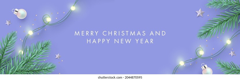 Merry Christmas and Happy New Year banner. Xmas background design with realistic pine tree branches and garland lights. Horizontal poster, greeting card, header for website in modern minimalist style