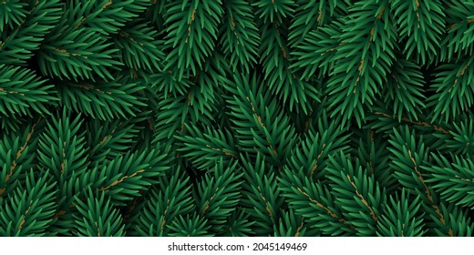 Merry Christmas and Happy New Year winter background with realistic pine tree branches. Vector illustration. Xmas fir backdrop graphic element for festive poster design, holiday voucher wallpaper.